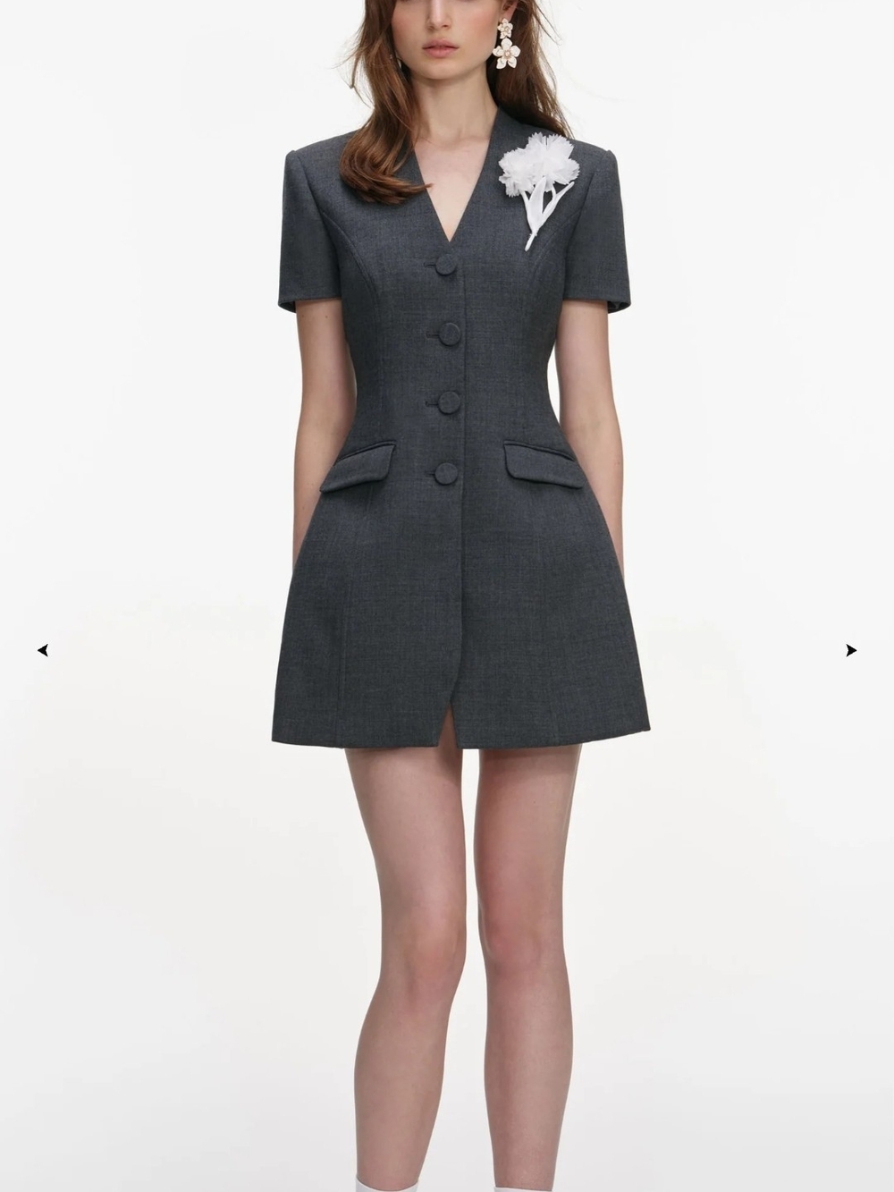 Self-Portrait Style |Charcoal Tailored Short Sleeve V-Neck Mini Dress